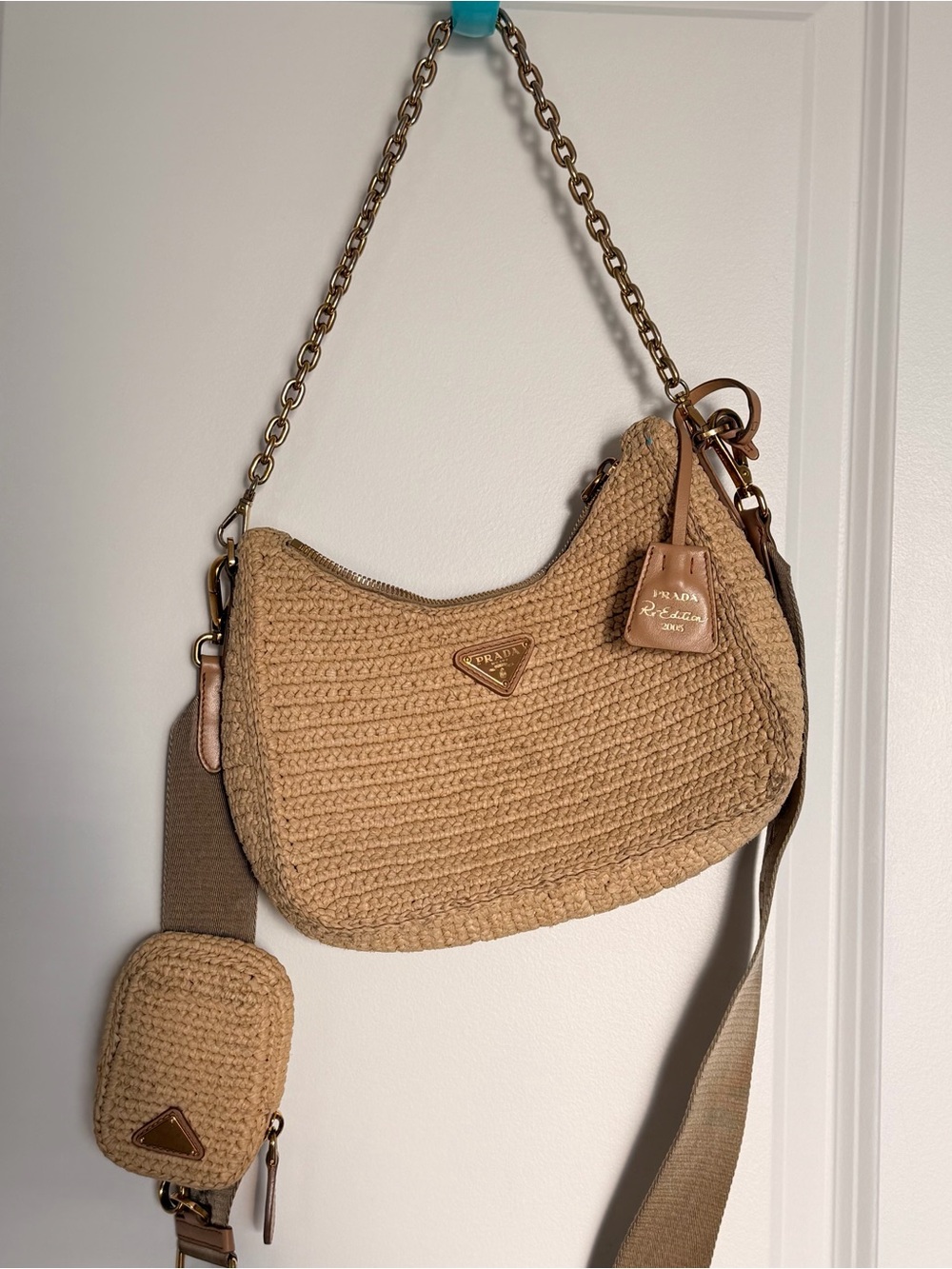 Prada Tan Crochet Shoulder Bag with Gold Chain Accent - Picture 5 of 9